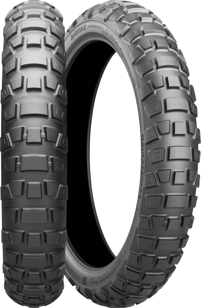 Bridgestone Battlax AdventureCross AX41 motorcycle front tire 110/80B19 bias tubeless for off-road and adventure riding.
