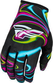 Fly Racing Lite Warped gloves in black, pink, and electric blue, showing the colorful, padded motorcycle riding gloves.