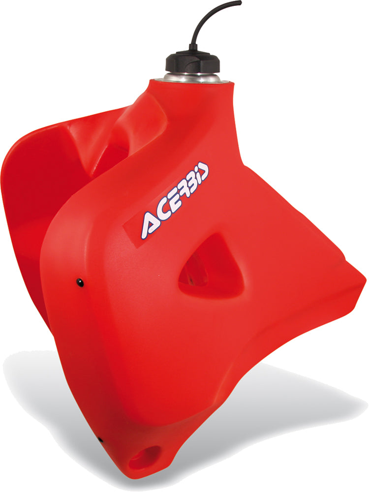 Acerbis red 6.3-gallon fuel tank with black cap and mounting points, designed for off-road motorcycles or dirt bikes.
