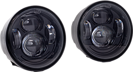 Letric Lighting Co LED headlight kit for Harley Davidson Fat Bob 2008-2017, black dual headlight bulbs, close-up view.