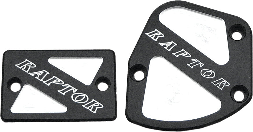 Black ModQuad throttle and brake cover set with logo for Raptor quad bikes, designed for durable body protection.