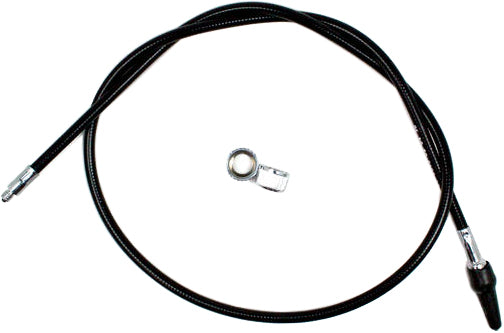 Motion Pro Black Vinyl Speedo Cable 70-6010 for motorcycle speedometer, showing black vinyl outer sheath and metal connectors.
