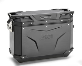 GIVI Outback Evo Case Right 37L black luggage mounted on motorcycle for outdoor touring and travel storage.