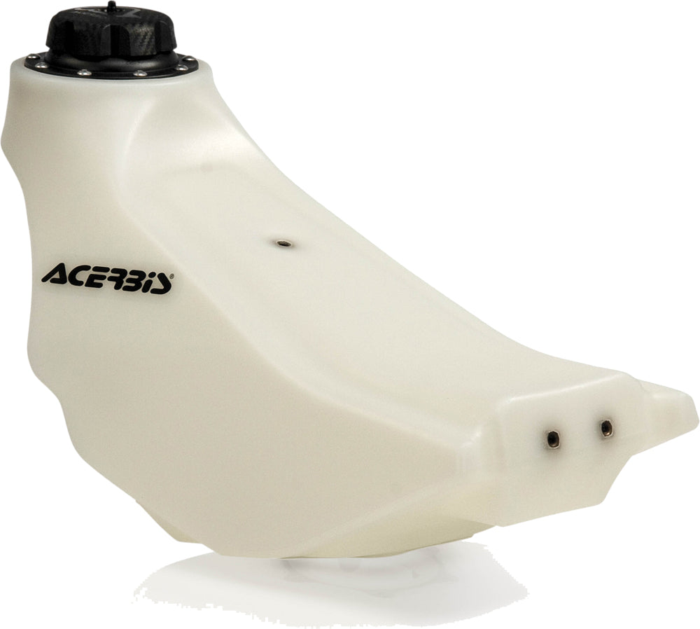 Acerbis 2.3-gallon natural fuel tank for motorcycles, featuring a durable plastic construction and secure cap, shown on a white background.