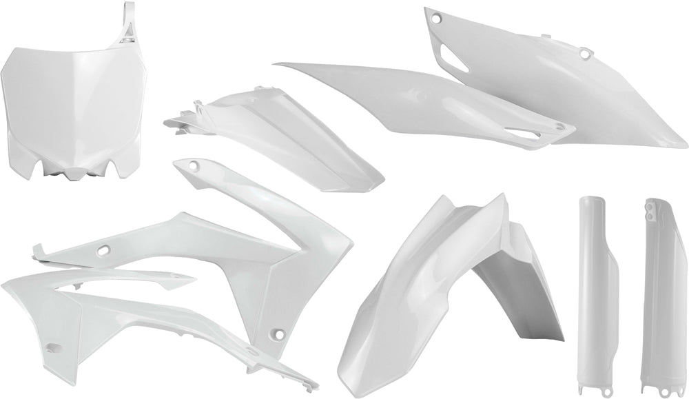Acerbis white plastic kit for Honda CRF250 dirt bike, including fenders, side panels, and other plastic components.