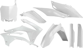 Acerbis white plastic kit for Honda CRF250 dirt bike, including fenders, side panels, and other plastic components.