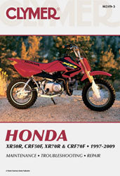Clymer repair manual for Honda XR50R and XR70R, showing detailed illustrations and instructions for motorcycle maintenance.