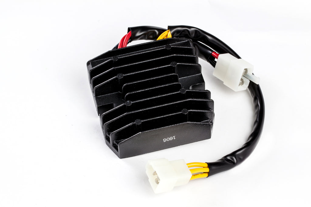 Ricks Motorsport Electric regulator and rectifier for motorcycle electrical systems, shown in the product image.