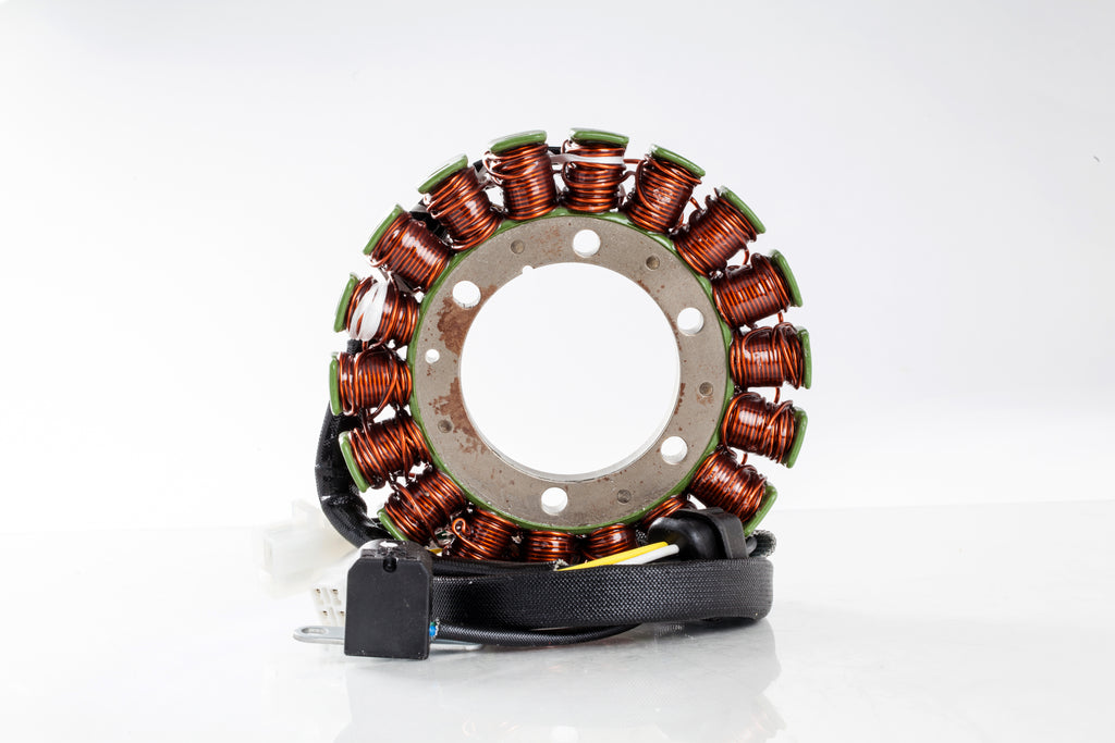 Ricks Motorsport Electric Stator 27-21810 for motorcycle electrical systems, showing the metal coil winding and mounting points.