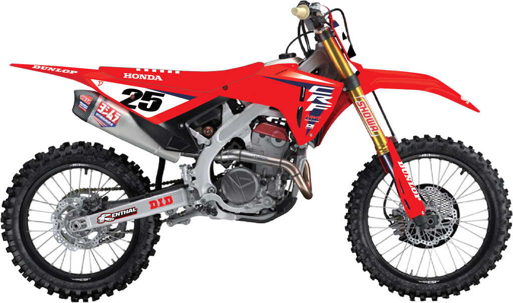 DCOR Complete Kit 25 HRC graphics decals for CRF 250R 2022-2024 in black with bold design, shown on motorcycle side panels.