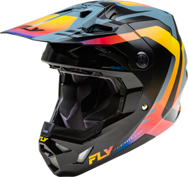 Fly Racing Formula Cp Krypton helmet in grey, black, and electric fade with aerodynamic design and ventilation for motocross riding.