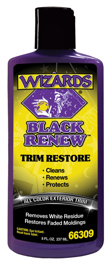 Wizards Products Black Renew 8oz chemical bottle, black liquid cleaner for automotive or industrial use, labeled with product details.