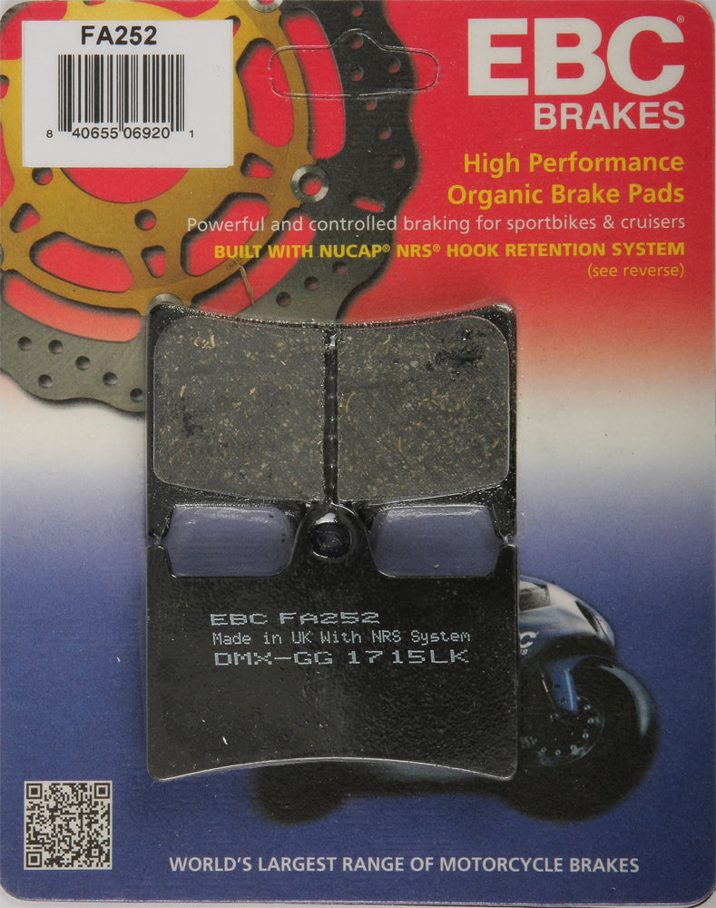 EBC Motorcycle Brakes Brake Pads 15-252 showing the black brake pad with metal backing plate and mounting hardware.