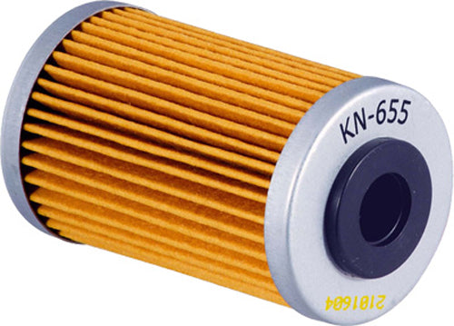 K&N Oil Filter 56-0655 for vehicle engines, showing the cylindrical filter with black rubber sealing edges and metal base.