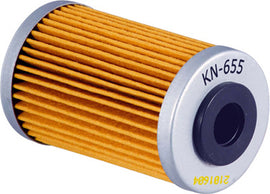 K&N Oil Filter 56-0655 for vehicle engines, showing the cylindrical filter with black rubber sealing edges and metal base.