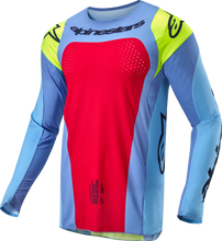 Load image into Gallery viewer, Alpine Star Techstar Ocuri cycling jersey in light blue, yellow fluorescent, and red berry with branding and breathable fabric.