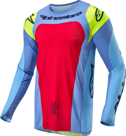 Alpine Star Techstar Ocuri cycling jersey in light blue, yellow fluorescent, and red berry with short sleeves and logo details.
