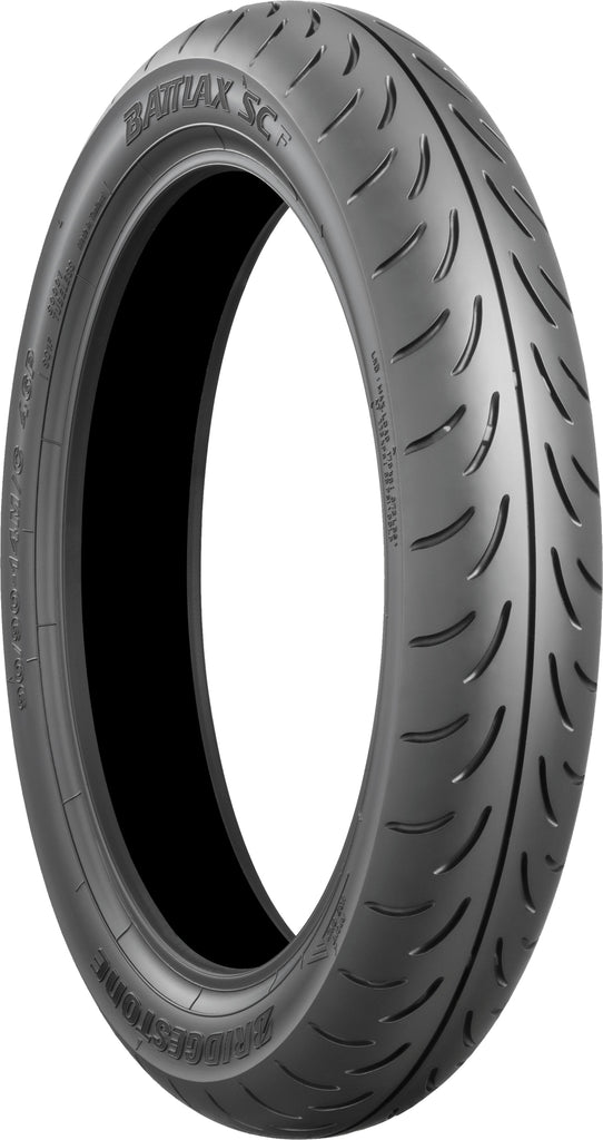 Bridgestone Battlax SC Front motorcycle tire 110/70-12 bias ply, shows tread pattern and sidewall details.