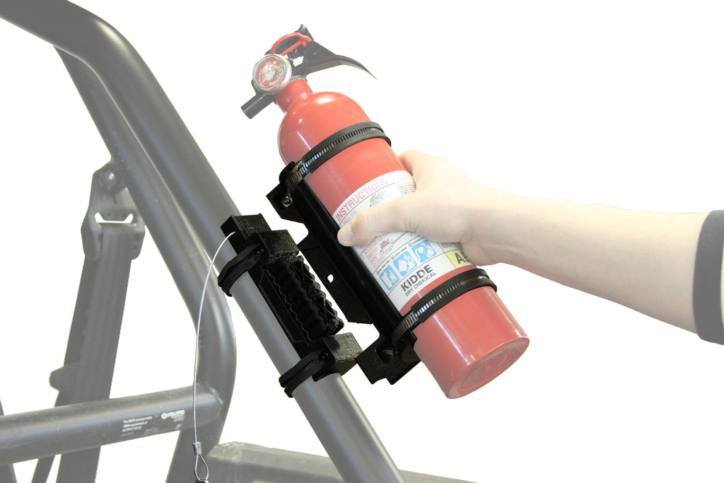 ATV-TEK Elite Series Fire Extinguisher Mount bracket for ATV, black metal mounting bracket with securing straps.