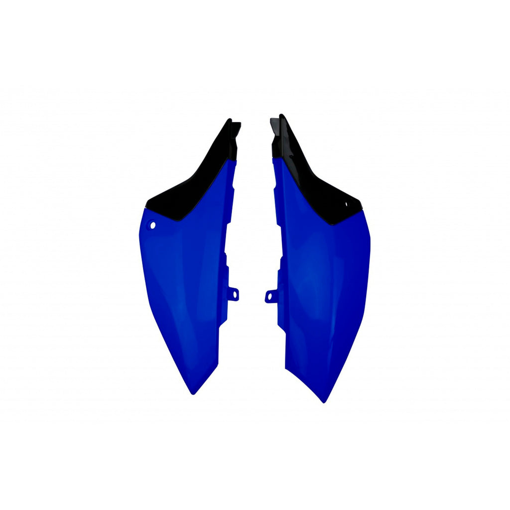 Blue Polisport Plastics side panels for YZ65 dirt bike, showcasing the sleek body panels with detailed design elements.