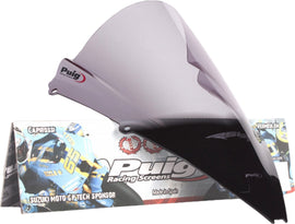 PUIG Racing Smoke Windshield for motorcycle, transparent windscreen with smoked tint, designed for aerodynamic protection.
