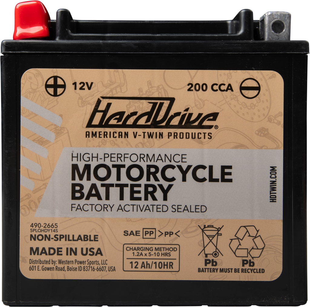 HardDrive High Performance YTX-14 battery with 200 CCA, showing the battery's top view with labels and terminals.