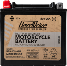 Load image into Gallery viewer, HardDrive High Performance YTX-14 battery with 200 CCA, showing the battery's top view with labels and terminals.