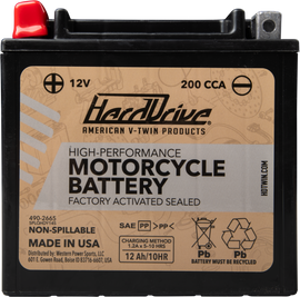 HardDrive High Performance YTX-14 battery with 200 CCA, showing the battery's top view with labels and terminals.