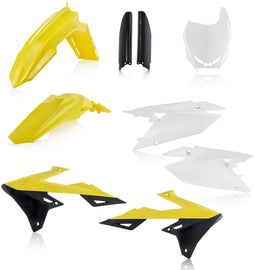 Acerbis RMZ450 full plastic kit with front and rear fenders, side panels, and seat cover in white and black for motocross bikes.