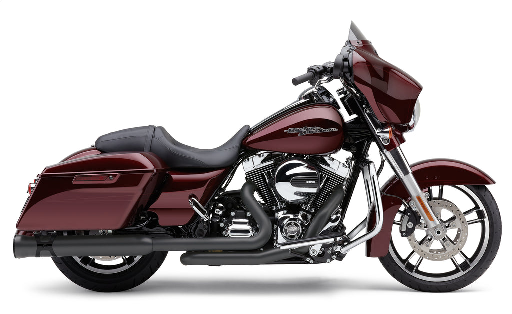Cobra 4-inch Race-Pro slip-on exhaust in black with black tips for Harley motorcycles, model 82-96350, side view.