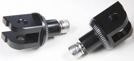 Black PUIG footpeg adapter for motorcycle foot controls, shown with mounting hardware and textured surface.