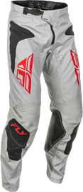 Fly Racing Kinetic Sym motorcycle riding pants in light grey, red, and black, size 30, featuring durable fabric and sporty design.