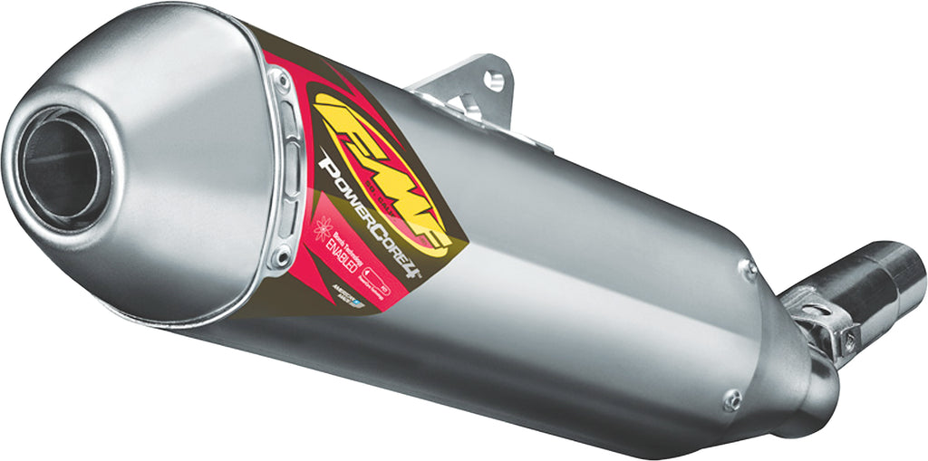 FMF Racing Powercore 4 Hex exhaust muffler with sleek metallic finish and cylindrical shape, designed for motorcycle performance.