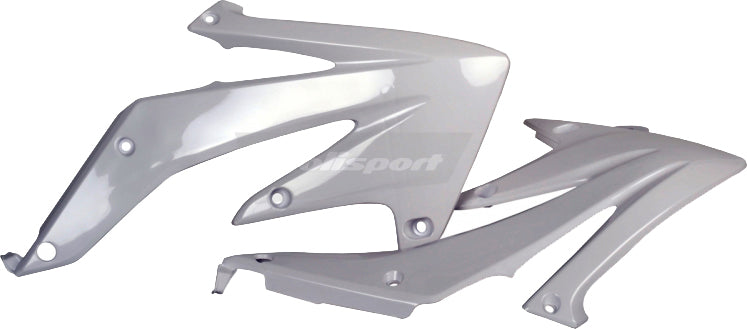 Polisport Plastics white radiator shrouds for HON motorcycles, body parts with a sleek design and durable material.