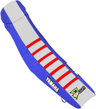 Load image into Gallery viewer, DCOR blue, white, and red seat cover for Yamaha YZ 450 motorcycle, showcasing vibrant, durable seat protection.