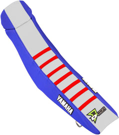 DCOR blue, white, and red seat cover for Yamaha YZ 450 motorcycle, showcasing vibrant, durable seat protection.