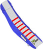 DCOR blue, white, and red seat cover for Yamaha YZ 450 motorcycle, showcasing vibrant, durable seat protection.