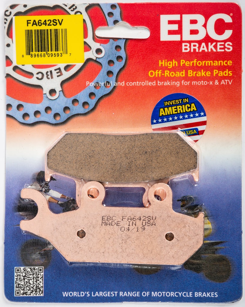 EBC Motorcycle Brakes FA642SV Severe Duty SV Series brake pads showing metallic backing plates and friction material for motorcycle braking.