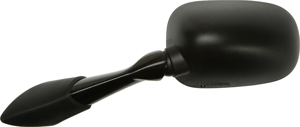 Black left side motorcycle mirror by Emgo, model Yam 56-9847, featuring a sleek, round mirror surface and mounting arm.