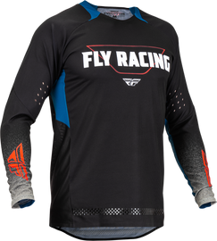 Fly Racing Evolution DST jersey in black, grey, and blue, featuring lightweight, breathable fabric and sporty design.