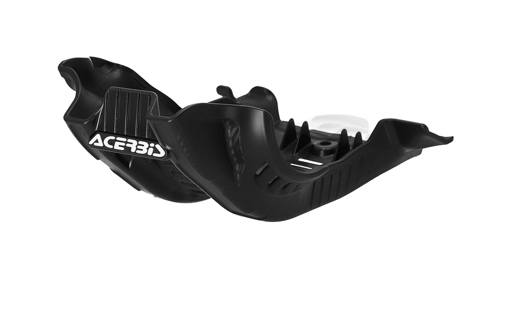 Acerbis black and white KTM skid plate with protective design, mounted on motorcycle engine underside for off-road riding.