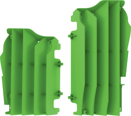 Polisport Plastics green radiator louvers for street motorcycles, shown installed on bike with visible louvers and mounting details.