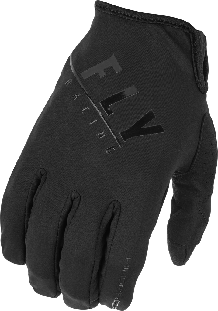 Fly Racing windproof black gloves size 09, close-up of gloves showing textured grip and snug fit for motorcycle riding.