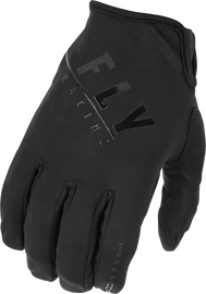 Fly Racing windproof black gloves size 09, close-up of gloves showing textured grip and snug fit for motorcycle riding.