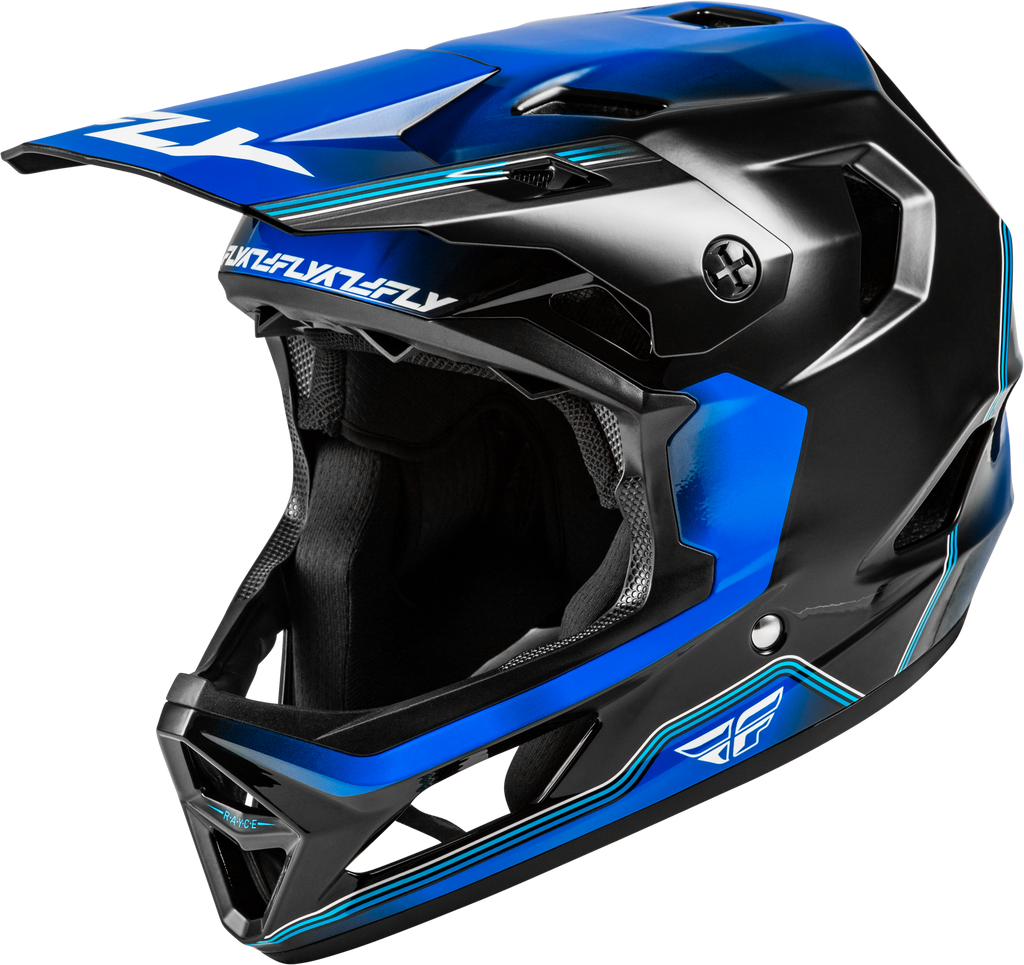 Fly Racing Yth Rayce Repeat bicycle helmet in black and blue, youth size, with adjustable straps and ventilation.
