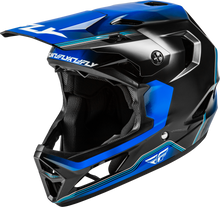Load image into Gallery viewer, Fly Racing Rayce Repeat bicycle helmet in black and blue, size small, with adjustable straps and ventilation for cycling safety.