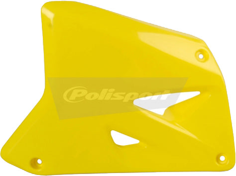 Yellow Polisport Plastics radiator shroud body for motocross bikes, with sleek design and mounting points visible.