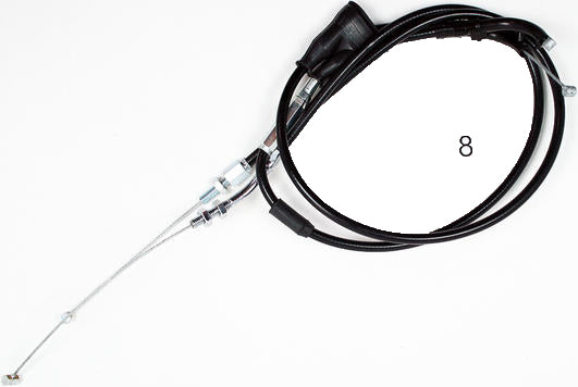 Motion Pro black vinyl throttle pull cable for motorcycles, showing the durable cable with black vinyl coating and fitting end connectors.