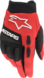 Alpine Star Full Bore gloves in bright red and black, featuring protective knuckles and adjustable wrist closures.