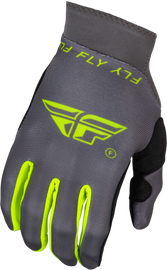 Fly Racing Pro Lite Gloves in charcoal and hi-vis, large size, shown with textured fabric and reinforced palms for motocross riding.